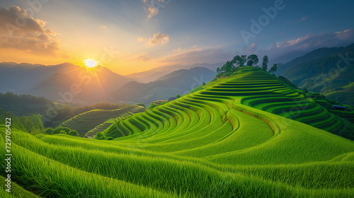 rice field curve terraces at sunrise time, natural background of nature, curved rive paddy fields