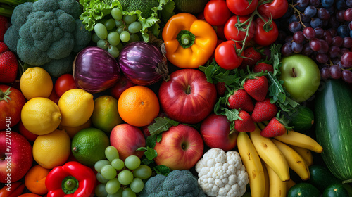 top view of fresh fruits and vegetables background, colorful fruit and veggies