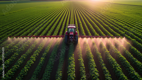 top view from above Tractor spraying pesticides in soybean field during springtime