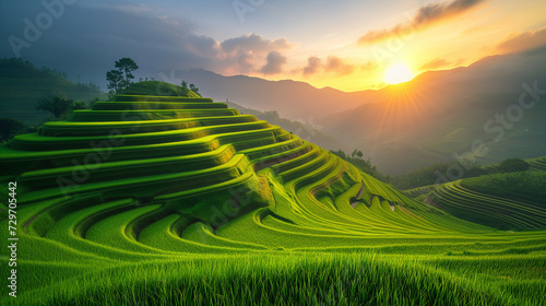 rice field curve terraces at sunrise time, natural background of nature, green rice paddy field