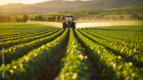 Tractor spraying pesticides in soybean field during springtime at dusk