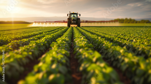 Tractor spraying pesticides in soybean field during springtime