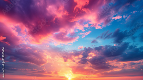 sunset sky with clouds, Real majestic sunrise sundown sky background with gentle colorful clouds without birds