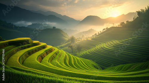 rice field curve terraces at sunrise time, natural background of nature, rice paddy field at sunrise with fog