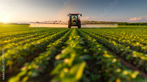   Tractor spraying pesticides in soybean field during springtime  farmer spring the land at sunset  agriculture