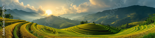 rice field curve terraces at sunrise time, the natural background of nature Asia, rice paddy field in the mountain with fog at sunrise photo