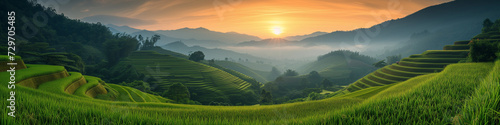 rice field curve terraces at sunrise time  the natural background of nature Asia  rice paddy field in the mountain with fog at sunrise
