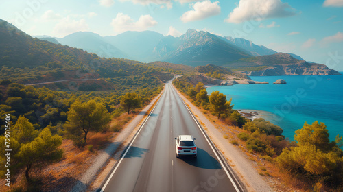 car driving on the road of Europe. road landscape in summer. beachside highway. Highway view on the coast on the way to summer vacation. Turkey trip on beautiful travel road photo