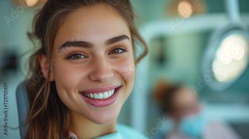 woman check smile after teeth cleaning, braces, and dental consultation. Healthcare, dentistry, and a happy female patient with orthodontist for oral hygiene, wellness and cleaning photo