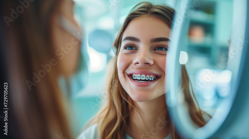 a young woman checks her smile after teeth cleaning, braces, and dental consultation. Healthcare, dentistry, and a happy female patient with orthodontist for oral hygiene, wellness and cleaning photo