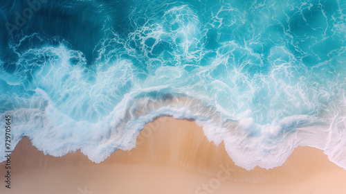 Drone top view at a tropical beach with a bleu ocean, Overhead photo of crashing waves on the shoreline beach. Tropical beach surf. A photo