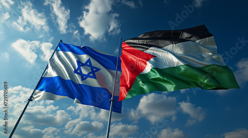 Israeli flag and the Palestinian flag. Concept illustration depicting the conflict war between Palestine and Israel