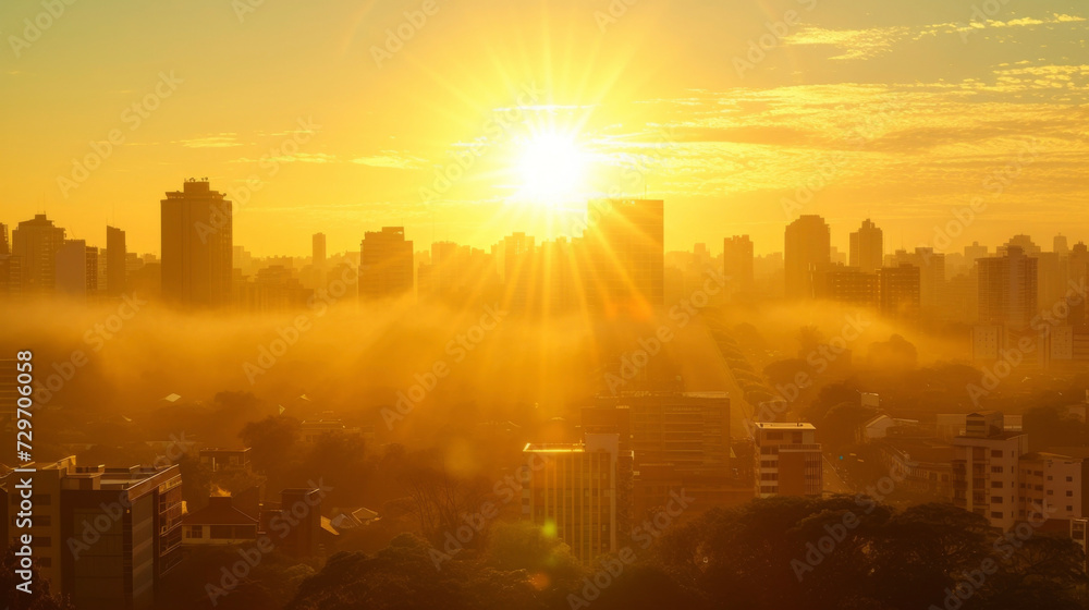 The urban landscape bathed in a golden glow as the sun rises.