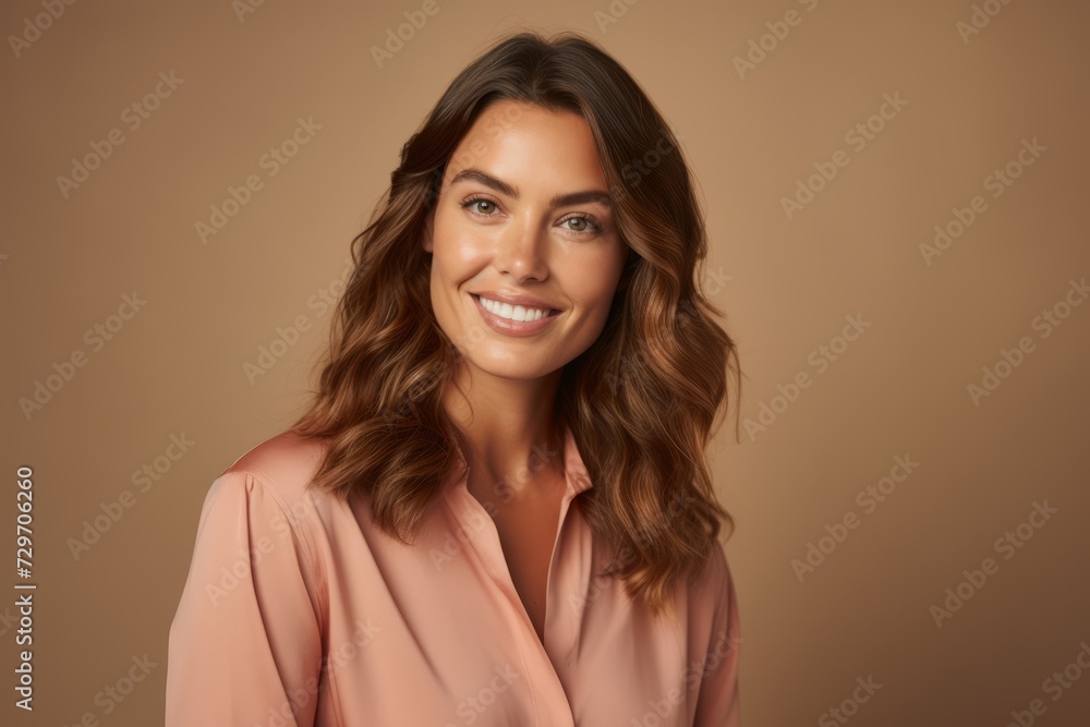 Portrait of a beautiful young woman smiling at camera while standing against brown background Portrait of a beautiful young woman smiling at camera while standing against brown background