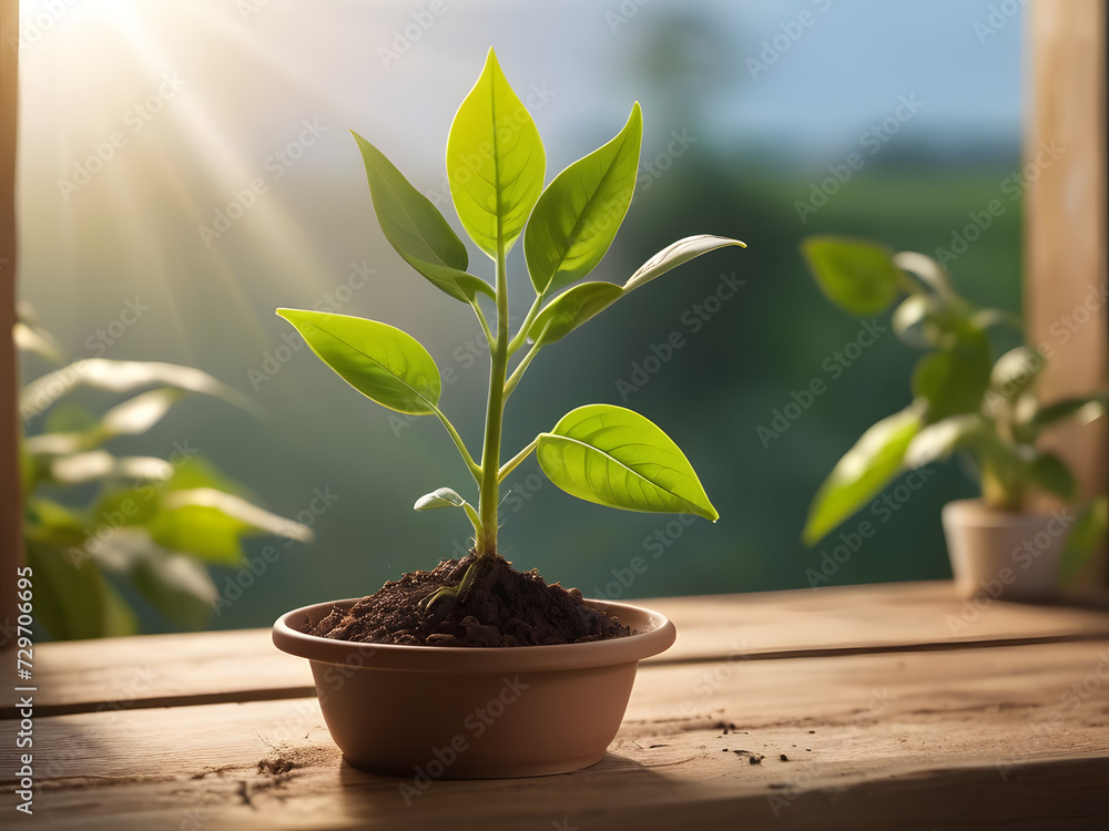 plant growing in a pot in morning light. Nurturing the energy of growth, fostering agriculture, and promoting eco-friendly living plant growing in a pot in morning light. Nurturing the energy of growth, fostering agriculture, and promoting eco-friendly living