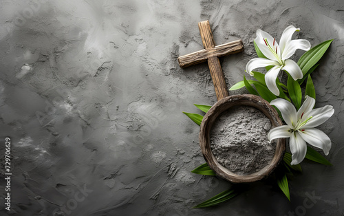 Wooden cross, ashes bow, and lily flowers branch on concrete stone background. Faith, liturgy, funeral, .cremation, religious ceremonycremation, religious ceremony