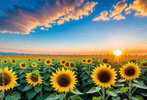 Sunflower Fields. Agriculture. Rural. Farming. Summer. Harvest. Yellow. Landscape. Countryside. Blooming. Nature. Sunny. Crop. Floral. Beauty. AI Generated.