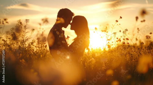 In a field of wildflowers a couples silhouettes are beautifully silhouetted against the setting sun creating a romantic ambiance.