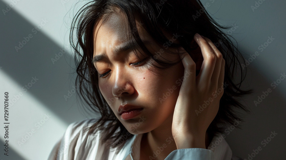 Fototapeta premium asian woman with a headache touching her forehead in pain