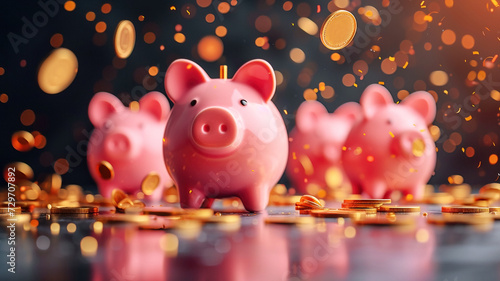 A row of pink piggy banks being showered with gold coins, a savings, earnings and investments concept, against a black background.