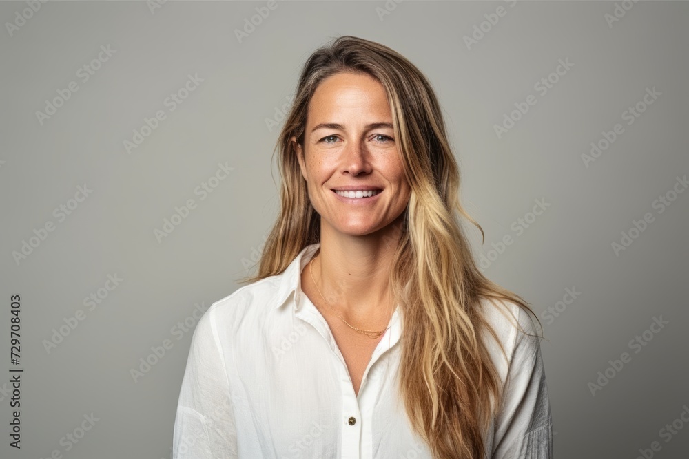 Portrait of a beautiful blond woman smiling at the camera against a grey background Portrait of a beautiful blond woman smiling at the camera against a grey background
