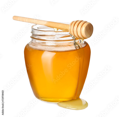Tasty honey in glass jar and dipper isolated on white