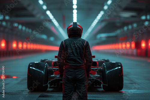 Formula 1 pilot, standing in front of a F1 car. © Noize