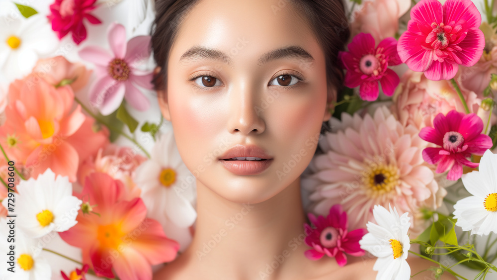 Radiant Beauty in Bloom Asian Woman Surrounded by Botanical