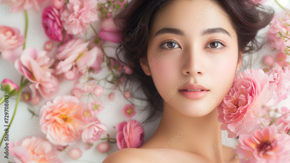 Radiant Beauty in Bloom Asian Woman Surrounded by Botanical Radiant Beauty in Bloom Asian Woman Surrounded by Botanical