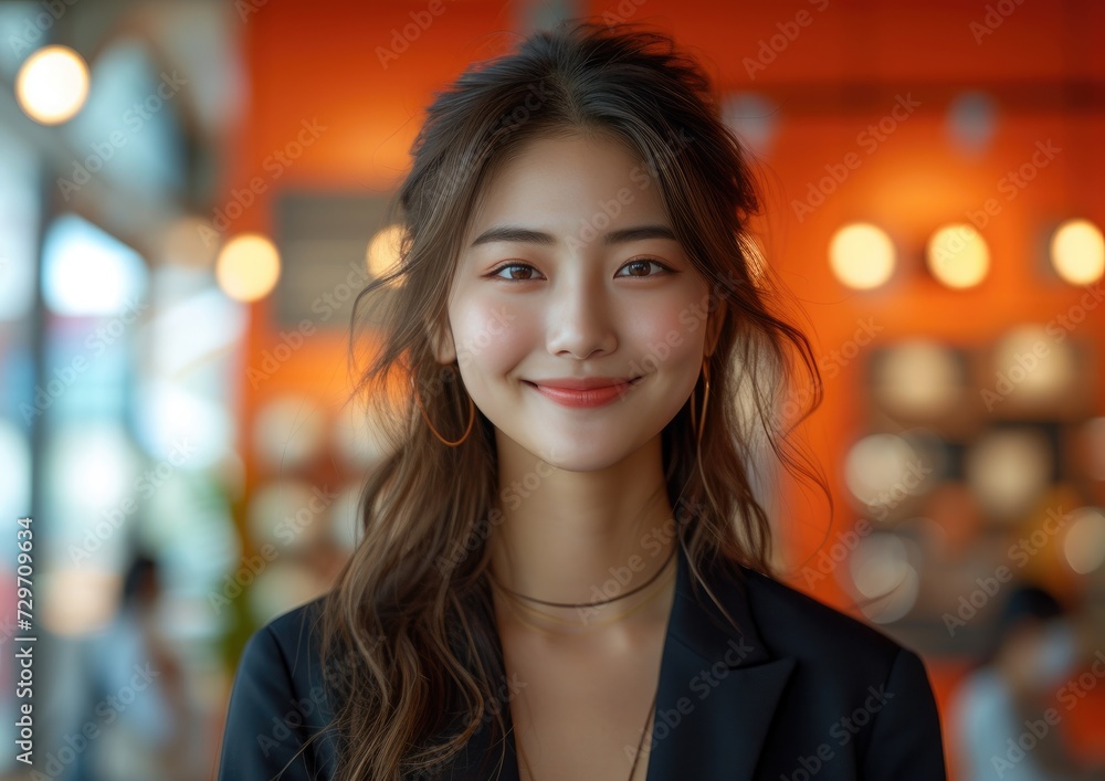businesswoman, happy smiling Asian female, wearing suit, home background businesswoman, happy smiling Asian female, wearing suit, home background
