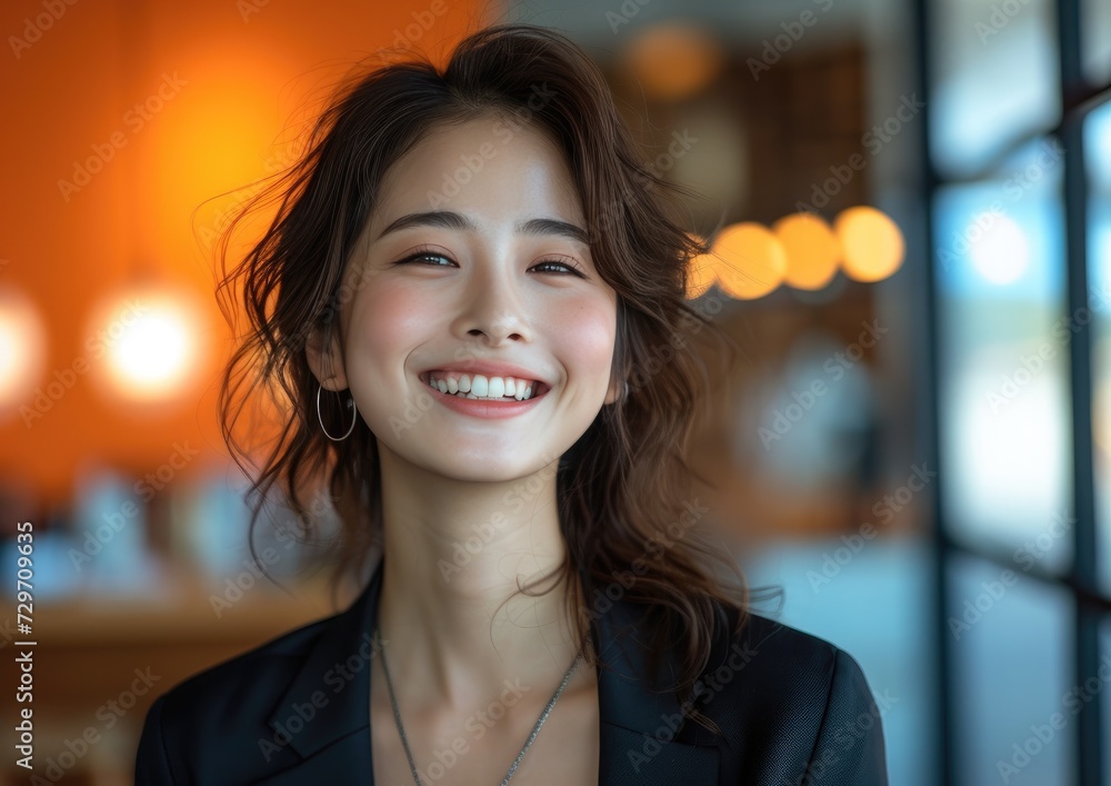 businesswoman, happy smiling Asian female, wearing suit, home background businesswoman, happy smiling Asian female, wearing suit, home background