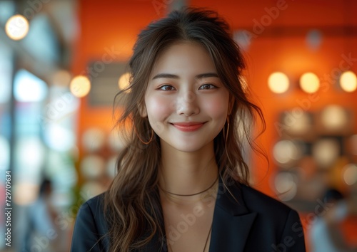 businesswoman, happy smiling Asian female, wearing suit, home background