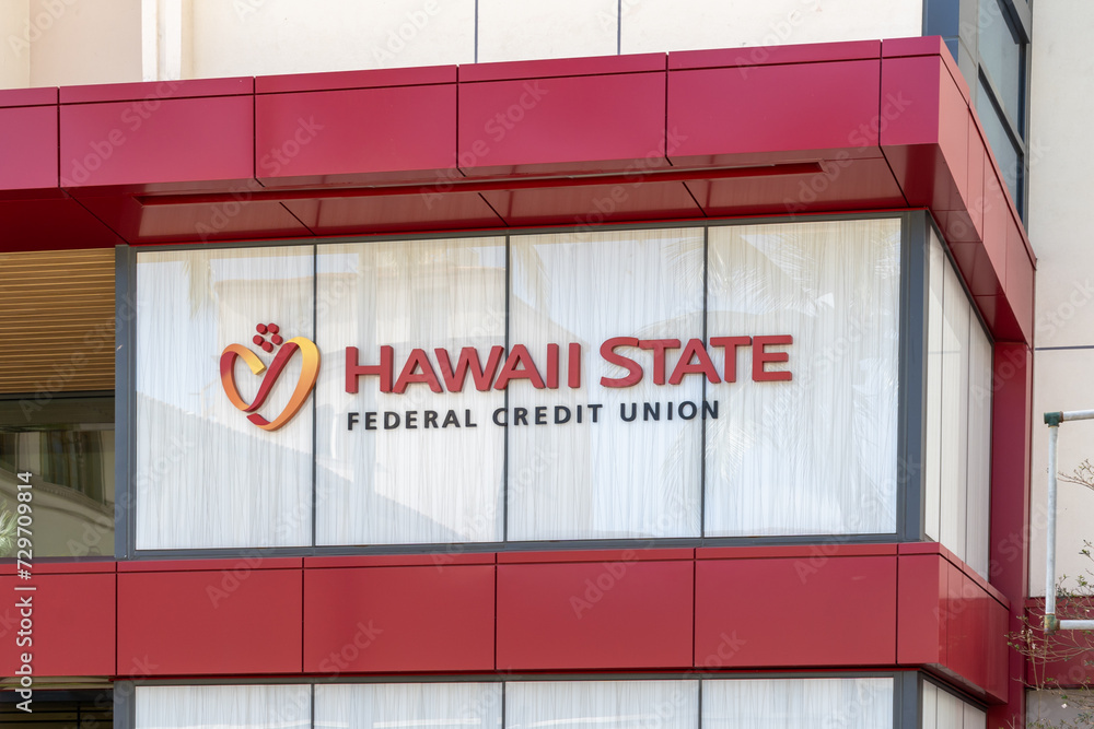 Honolulu, Hi, USA January 13, 2024 Closeup of Hawaii State Federal Credit Union logo sign on