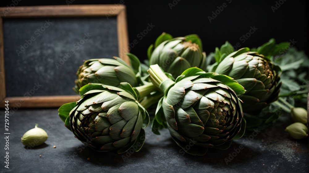 Fototapeta premium Three Ripe Artichokes Presented on a Black Chalkboard - Top View