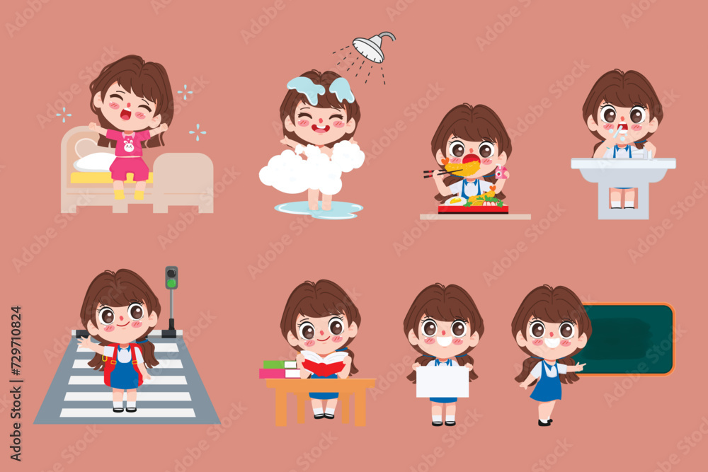 Cute cartoon chibi girl student character. Cartoon Kid in daily routine activity pose. Cute cartoon chibi girl student character. Cartoon Kid in daily routine activity pose.