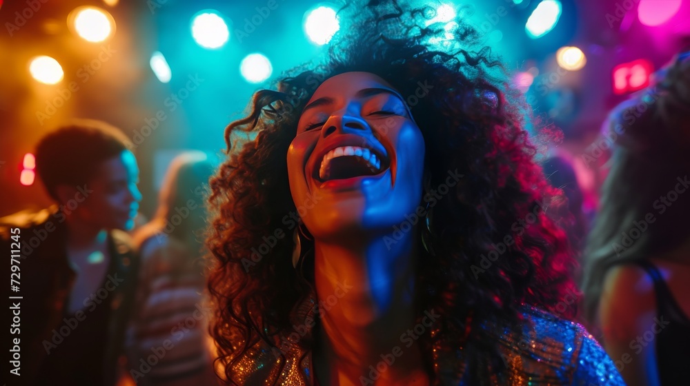 A charismatic singer in mid-laugh, interacting with fans at a small club, vibrant energy, candid shot with colorful stage lights reflecting in the background,