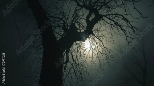 The dark silhouette of a tree against a backlit sky creates an eerie and mysterious atmosphere.