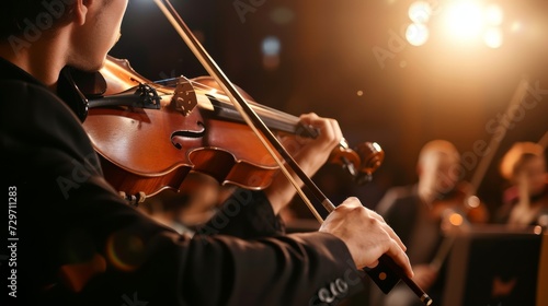 A classical musician, elegantly dressed, playing the violin at an indoor concert venue, audience in soft focus background