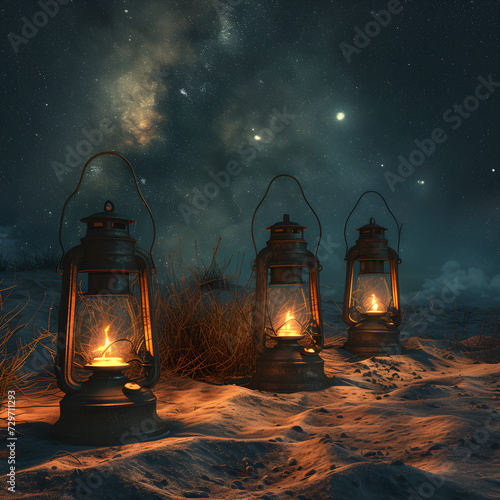Old oil lamps in the desert night, providing warm glow in the remote sandy landscape.