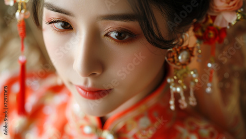 A close-up portrait of a bride in traditional Chinese wedding attire, featuring intricate makeup and elegant accessories.