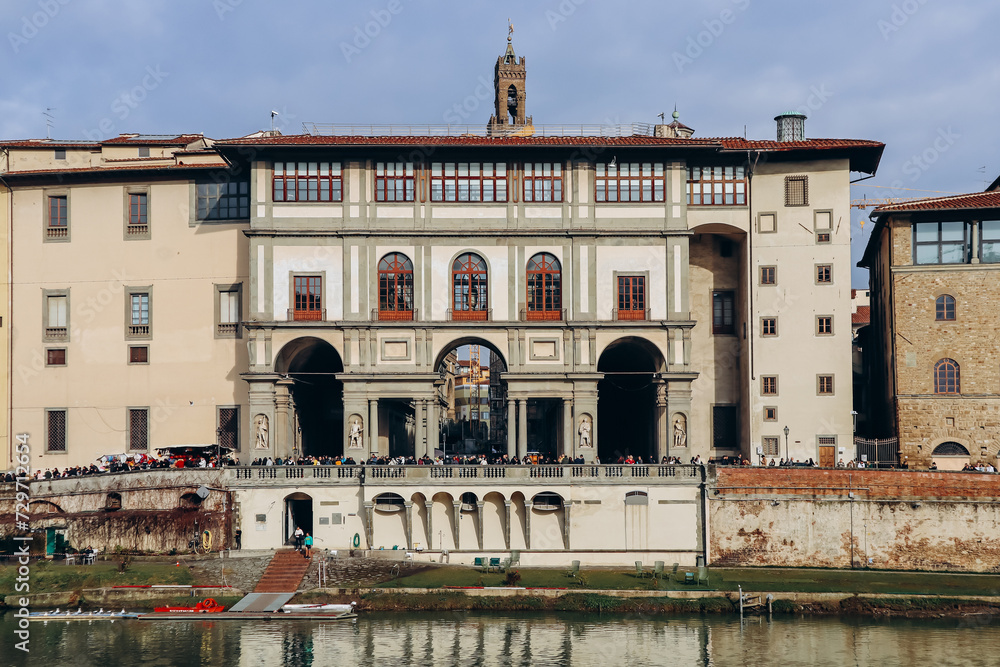 Florence, Italy - 29 December, 2023: The Uffizi Gallery, a prominent art museum located adjacent to the Piazza della Signoria in the Historic Centre of Florence