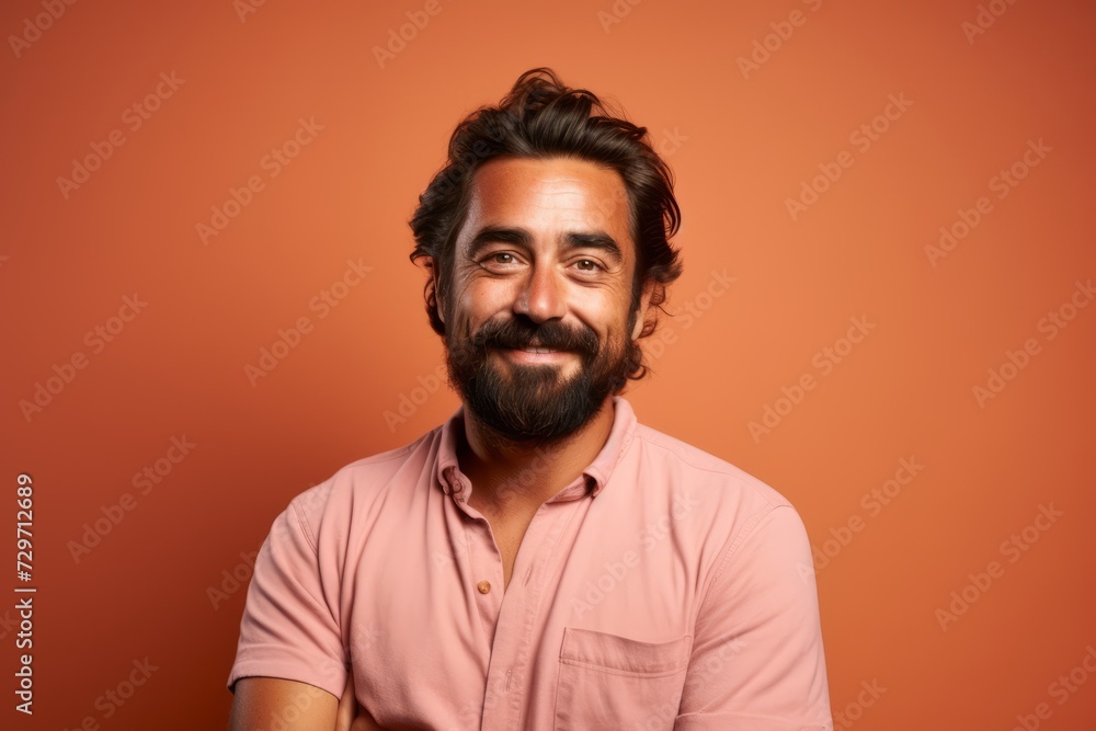 Handsome bearded Indian man in a pink shirt on a orange background. Handsome bearded Indian man in a pink shirt on a orange background.