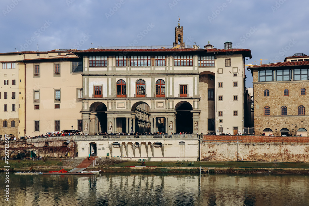 Florence, Italy - 29 December, 2023: The Uffizi Gallery, a prominent art museum located adjacent to the Piazza della Signoria in the Historic Centre of Florence