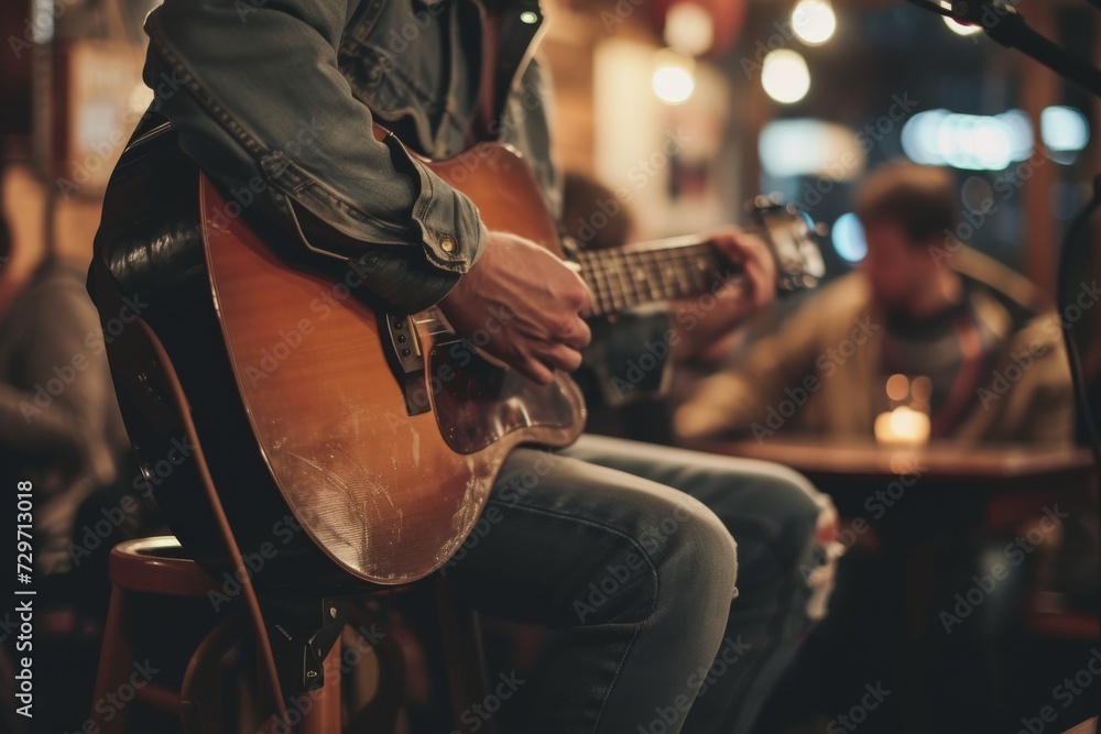 Fototapeta premium A folk singer sitting on a stool, acoustic guitar in lap, in a cozy cafÃ© setting, intimate audience in the background