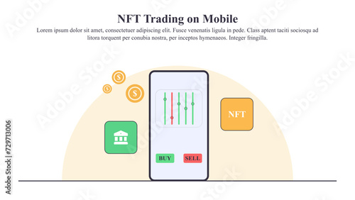 Flat style illustration concept of NFT trading on mobile.