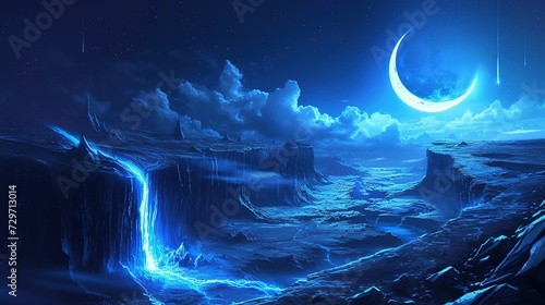 Fantasy night landscape with a crescent moon, a large fault in the earth, a ravine, blue neon