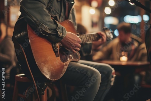 A folk singer sitting on a stool, acoustic guitar in lap, in a cozy cafÃ© setting, intimate audience in the background