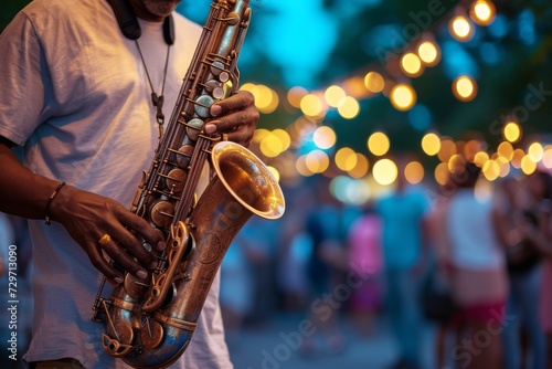 A jazz musician playing a saxophone on a small stage, intimate crowd around in a summer night setting, focused lighting on the musician with a dark background,