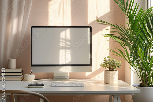 Minimalist Scandinavian Interior Home Office Room, Home Workstation Table Chair, Desk and Frame Interior Home living Room, Front view on blank white monitor screen with copyspace with green plants © Shahsoft Production
