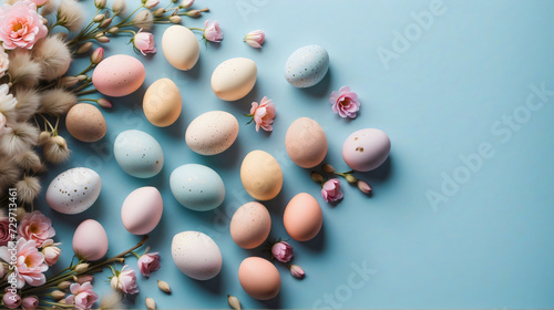Top view photo of Easter eggs and bunches of spring flowers on pastel blue background